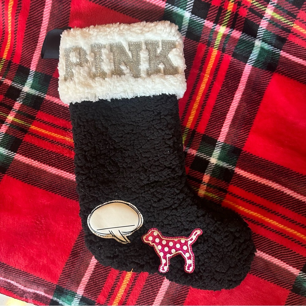 PINK Victoria's Secret Black Sherpa Holiday Stocking with Pink Dog